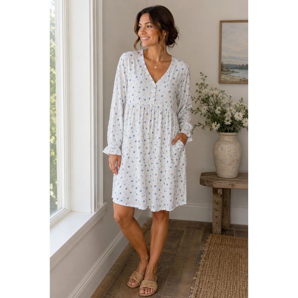 Elan Blue Floral Cotton Nightgown Long Sleeve Ruffle Cuff Henley Sleep Dress L